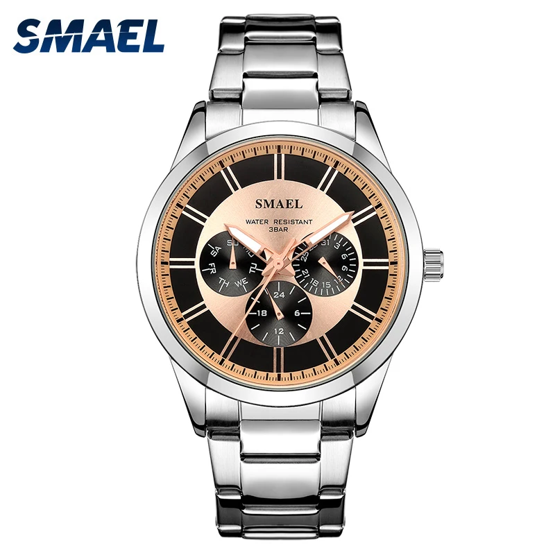 

Мужские спортивные наручные часы SMAEL, водонепроницаемые, с календарем и стальным ремешком, деловые, 6-контактные, кварцевые