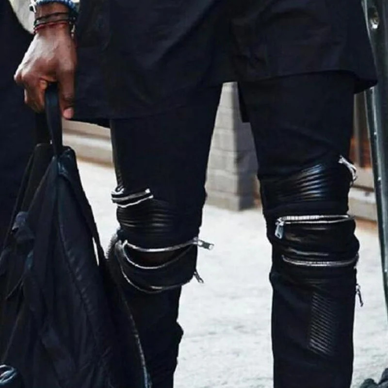 Джинсы мужские кожаные на молнии декоративные забавные штаны для сцены уличного