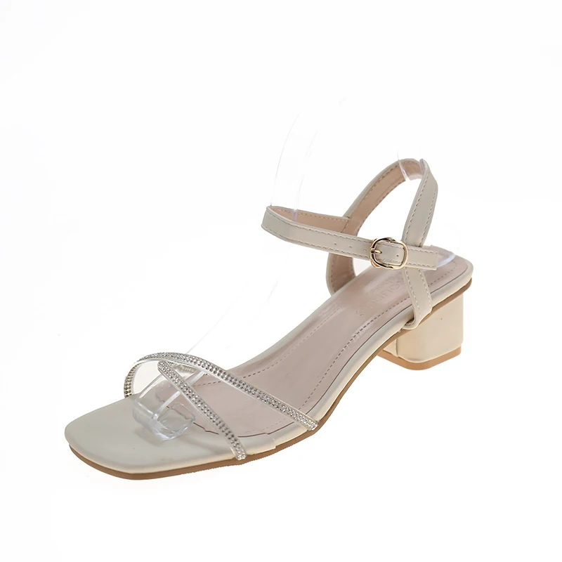 

Fashion Womens Shoes 2021 Clear Heels Buckle Strap Rhinestone Sandals Med Suit Female Beige Open Toe Luxury Comfort Block High M