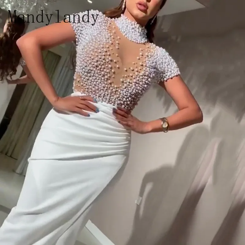 

Mandylandy Women's Elegant Pearl Bodycon Dress Ladies Sexy Fashion Short Sleeve O Neck Corset Slim Fit Evening Party Dress