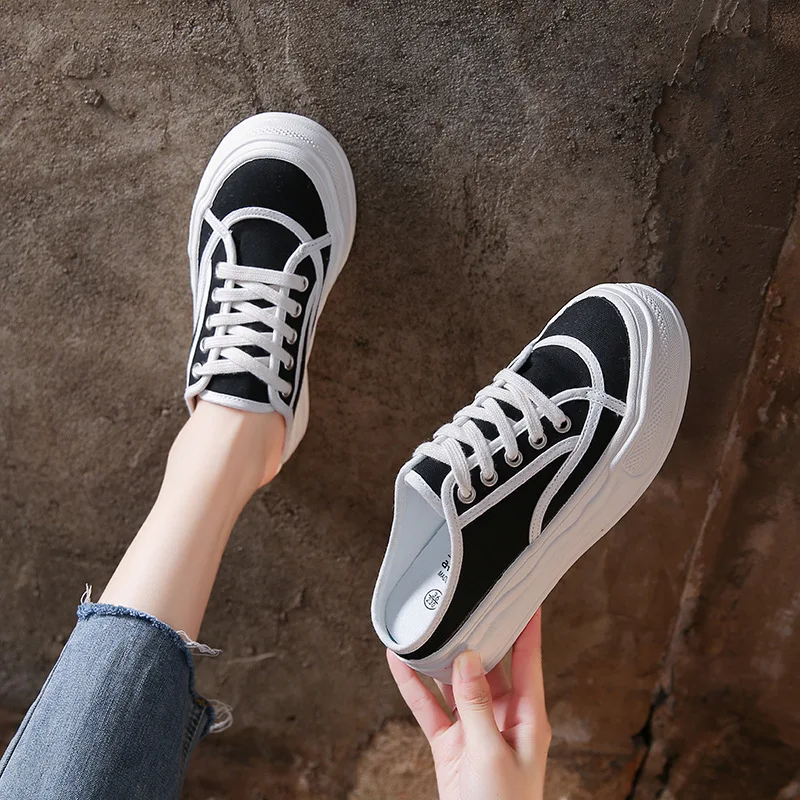 Han edition half dragged canvas shoes female ins tide fall 2021 new breathable han edition platform casual shoes 8575 childre