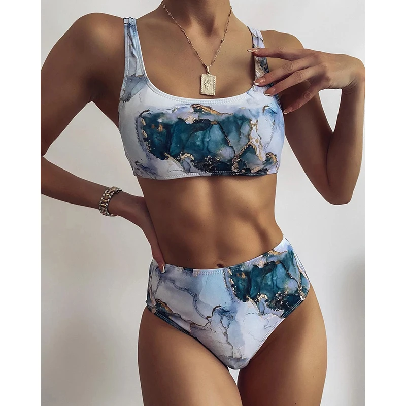 

Mossha estampado de marmol de las mujeres traje de bano bikini juego de bikini estilo push up de cintura alta traje de bano