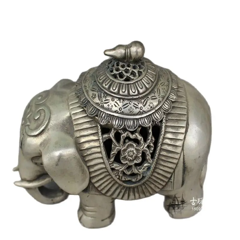 China Old Decoration Plated Silver Carving Elephant-Shaped Incense Burner