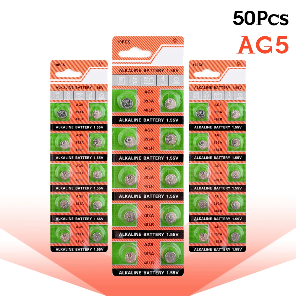 

50 шт., щелочные батарейки AG5 LR754 393 SR754 193 546 RW28 48