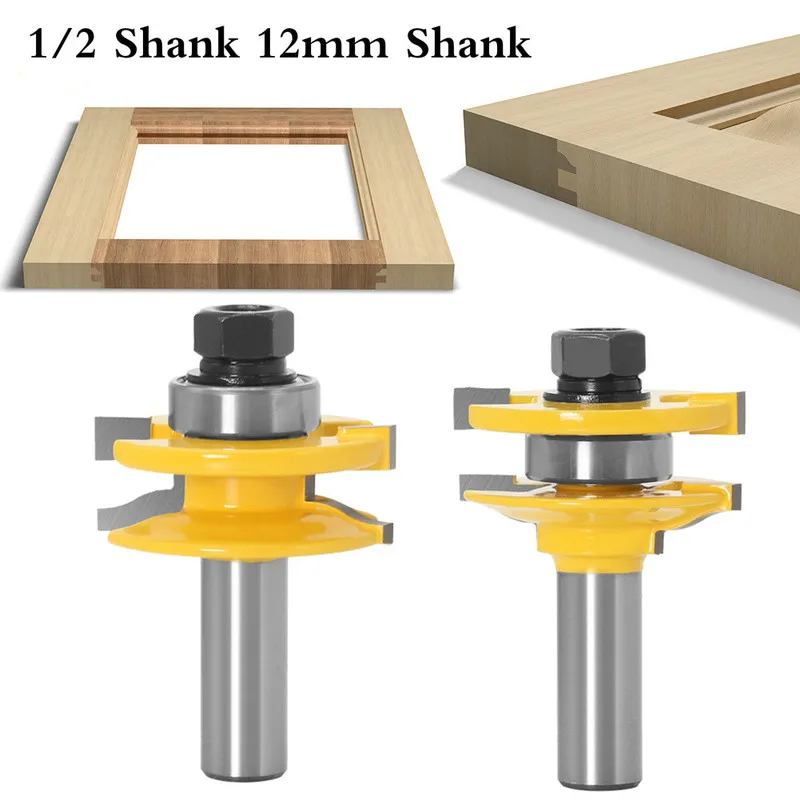 

High quality 2PC 1/2" 12mm Shank Rail & Stile Router Bit Door plank knife Woodworking cutter Tenon Cutter for Woodworking Tools