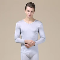 mens solid v neck silk double knitted thermal underwear set autumn clothes and pants 9805
