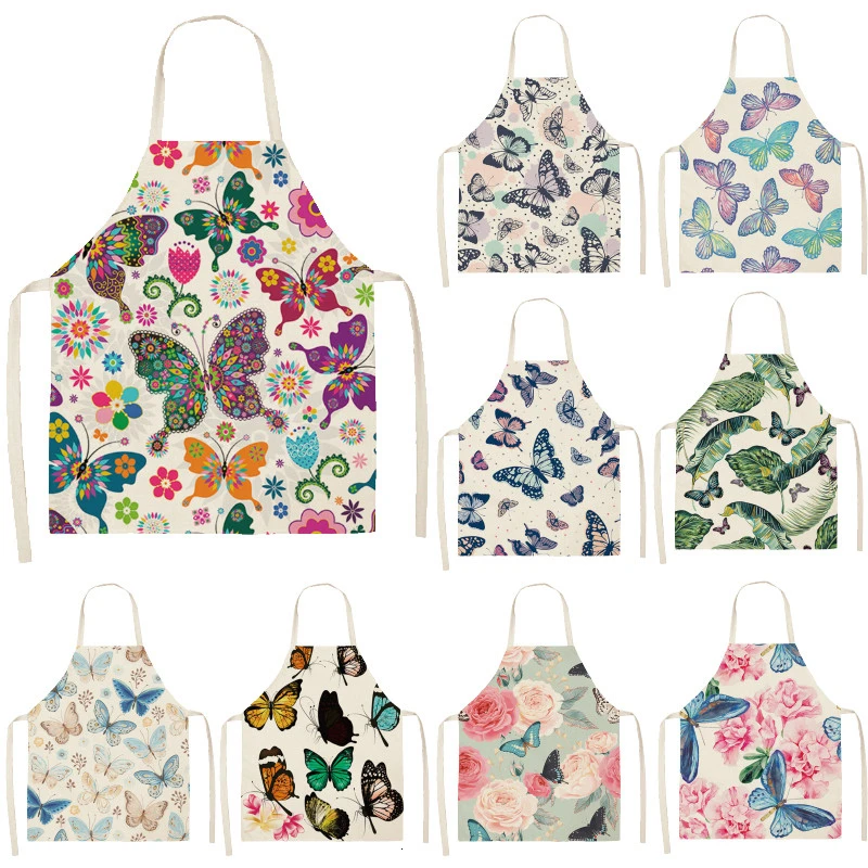 

1PC Cotton Baking Waist Bib Linen Flower Butterfly Printed Kitchen Sleeveless Apron Women Home Cooking Pinafore 53*65cm WQL0147