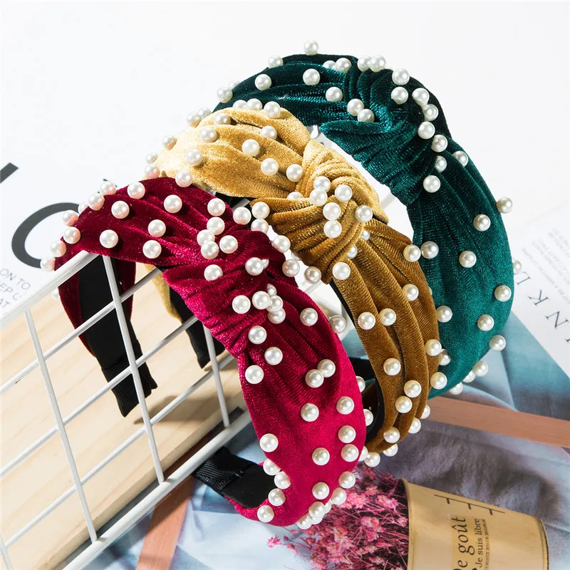 Женская повязка для волос с узлом однотонная широкая искусственным жемчугом