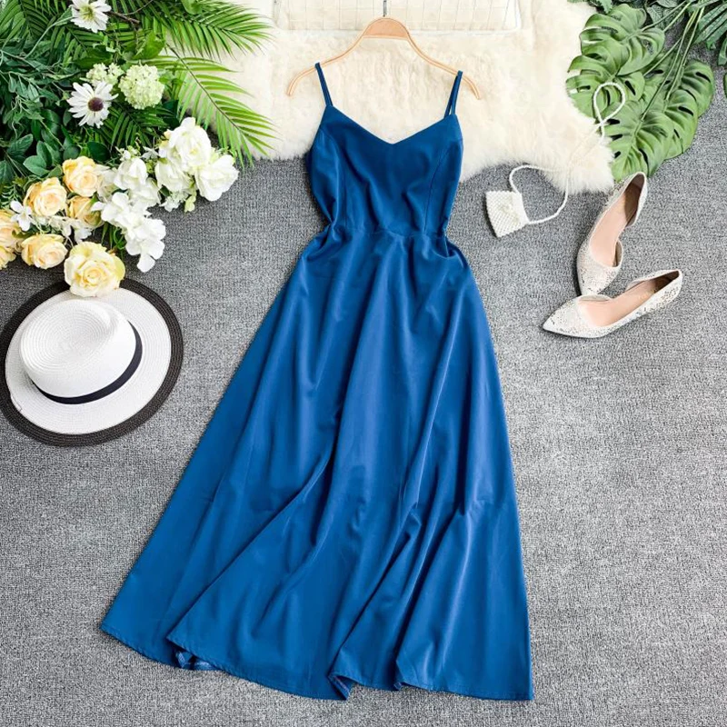 

FTLZZ 2021 Women Sexy Hollow Out V Collar Waist Beach Casual Dress Lady Sleeveless Solid Color Elegant Vestidos