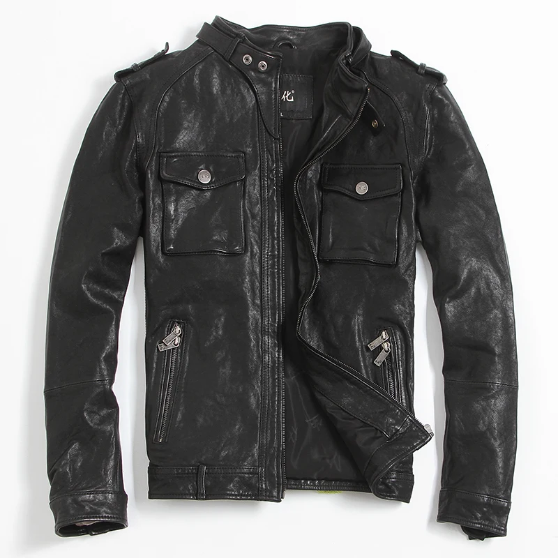 

2020 Black Men Genuine Leather Jacket Fashion Stand Collar Motorcycle Biker Jacket Vegetable tanned goatskin Winter Coats