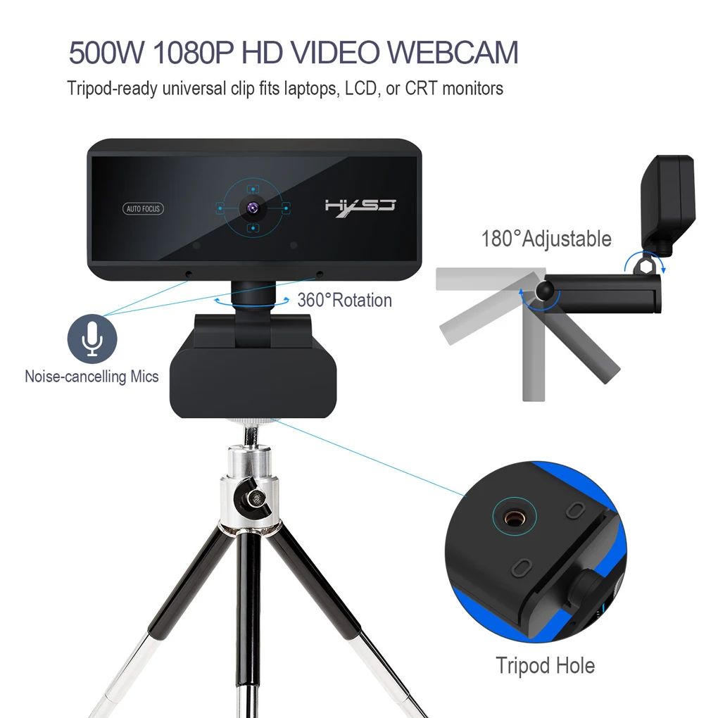 

Auto Focus 360 Degree Rotation 1080P Camera Built-in Microphone HD Video Call USB 2.0 5 Million Pixels Computer Webcam