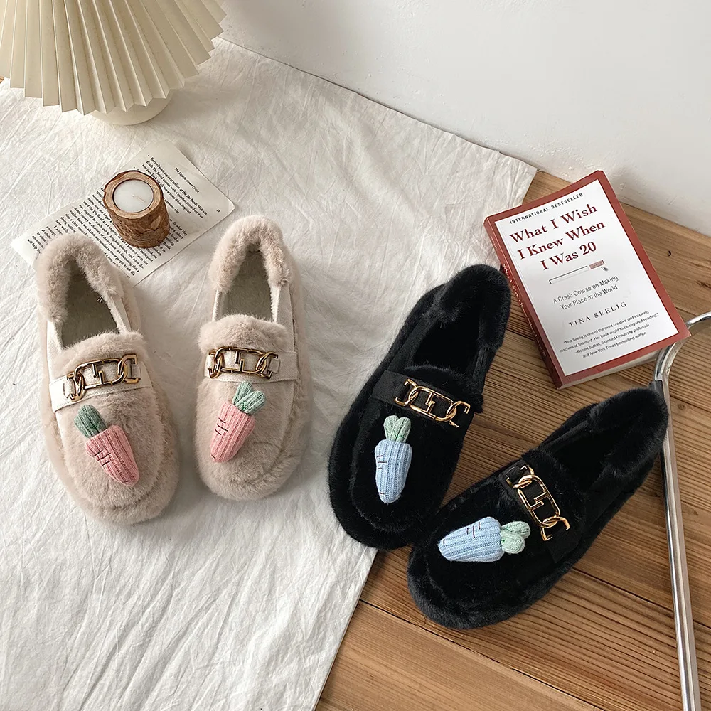 Cute Thick-Soled Plus Fluffy Shoes Women Slippers Brand Keep Warm Winter 2021 New Fashion Vulcanized Shoes Chaussure Femme