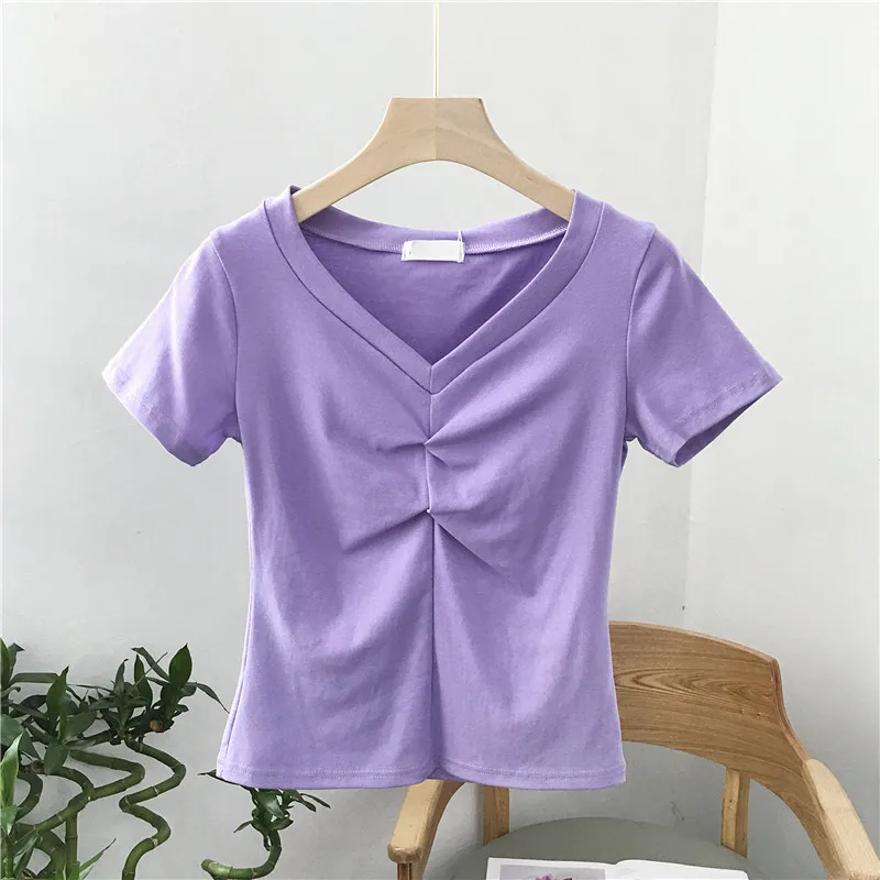 

2021 Summer T Shirt Women Short Sleeve V Neck Sexy Woman Tshirts Korean Style Women Clothing Crop Tops Camisas De Mujer WPY3048