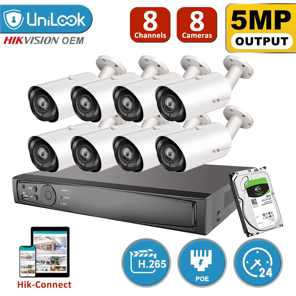 

UniLook CCTV System 8CH H.265+ NVR with 4/6/8pcs 5MP POE IP Camera 4X Zoom Video Surveillance Kit Audio Night Vision IP66