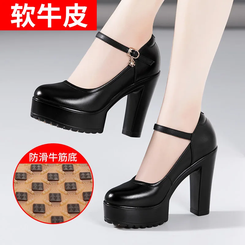 

high heel cheongsam model women's thick heel thick sole waterproof platform anti slip round head leather large size single shoes