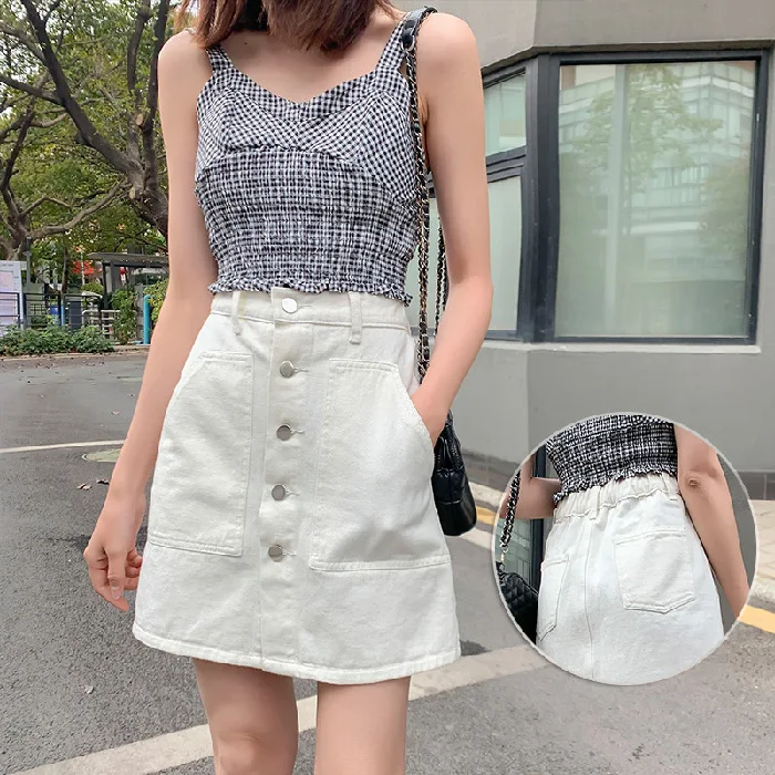 

S-5XL Casual Solid Denim Skirt Women Single-Breasted High Wasit Jeans Skirts With Pockets Plus Size N0050