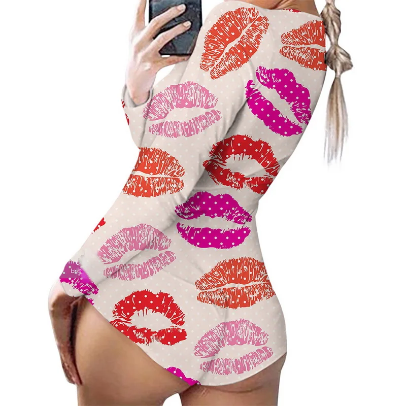 

Hot Sale Women Sexy Stretchy Pajamas Long Sleeve V-Neck Strawberry Starry Sky Printed Bodysuit Summer Lady Jumpsuit Romper