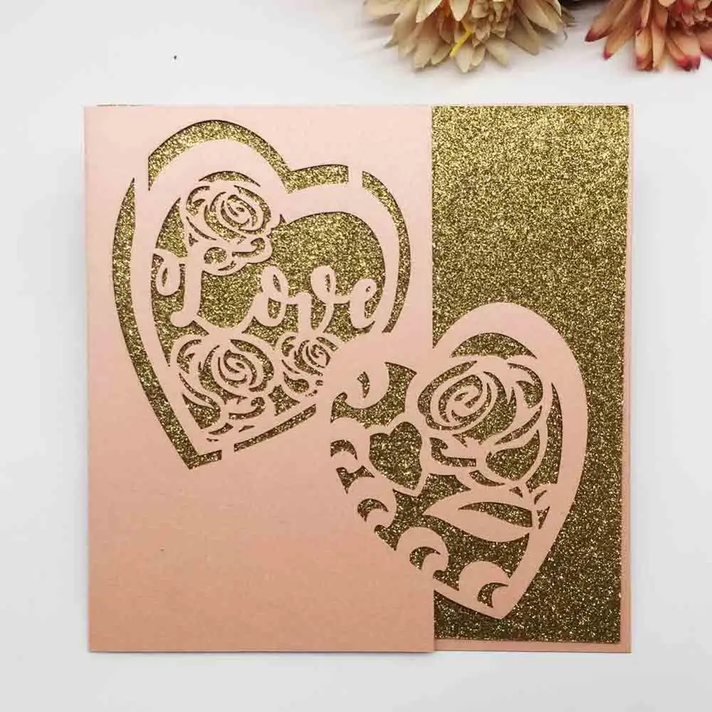 

40Pcs Laser Cut Carved Heart wedding Invitations Cards Birthday Greeting Card unique Pocket Invite Carnival Decoration Supplies