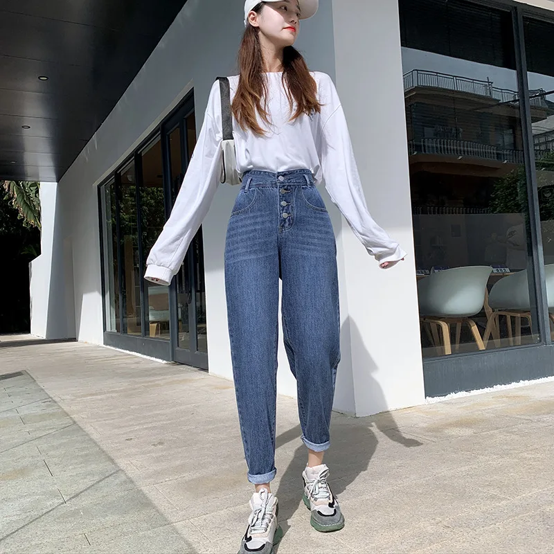 

High-waisted jeans women loose spring 2021 new Korean version of dark high-waisted thin Harlan carrot daddy pants