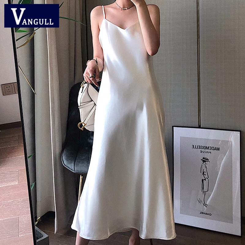 

Vangull Satin Solid Sling Sleeveless Long Dress Women Summer New Sexy V-neck A-line Backless Dress Fashion Party Fishtail Skirt