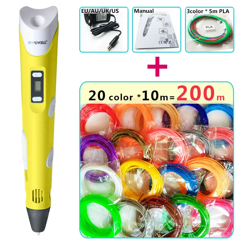 and 20color 10m silk Myriwell 3d Ручка 3d модель, светодиодный дисплей, 1,75 мм ABS/PLA нити, креативная 3d Ручка doodler детские подарки 3d Рисунок pen-3d - Цвет: and 20color 10m silk