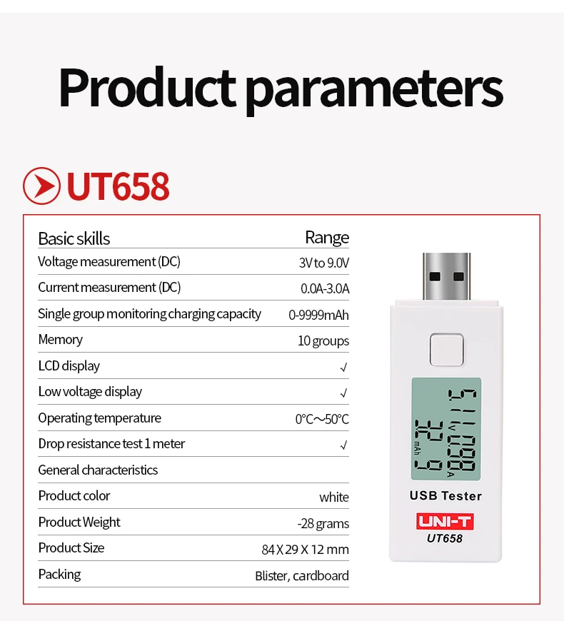 UNI-T UT658B USB тестер телефон компьютер зарядка Напряжение Ток энергии монитор ЖК-подсветка