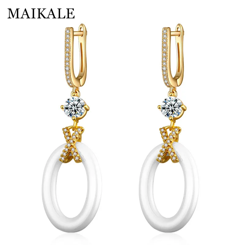 gold white MAIKALE, новые модные керамические висячие серьги, круглая форма х, медь AAA, фианит, черное белое золото; серебро; Сережки для женщин - Окраска металла: gold white