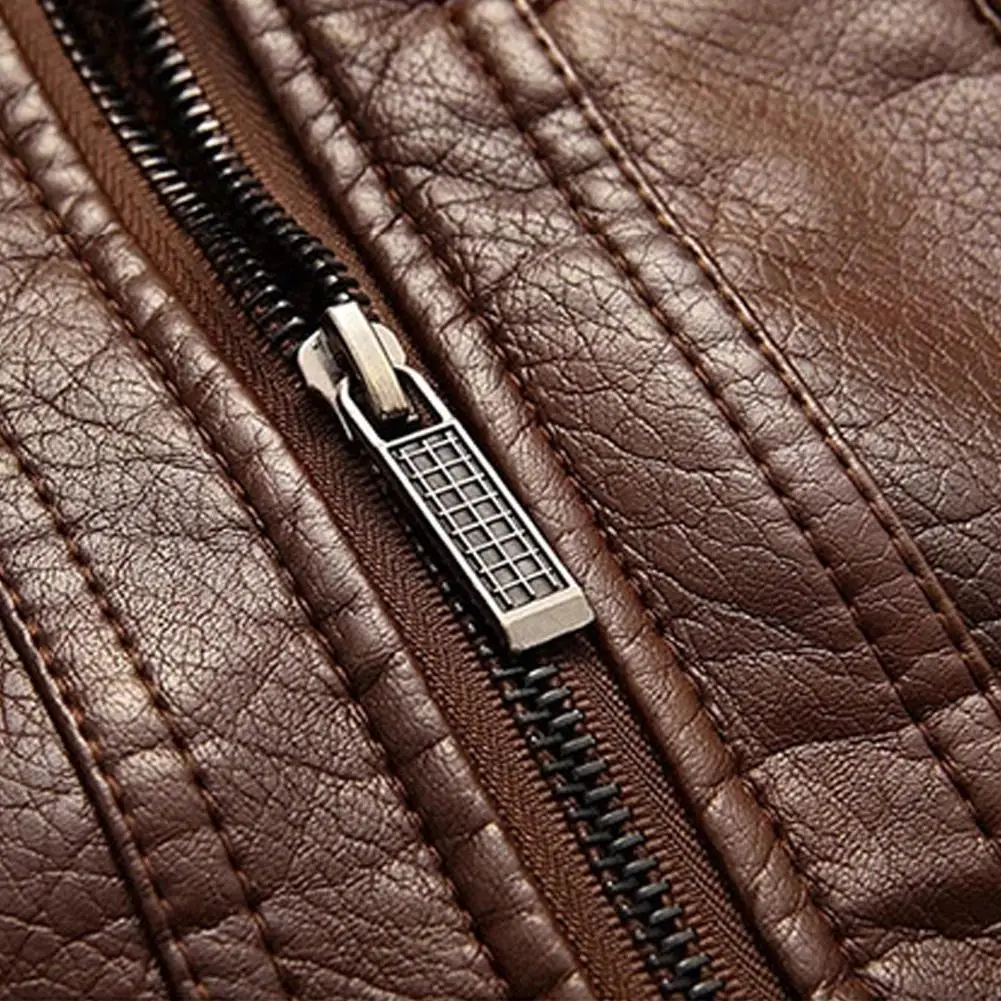 Men Winter Jacket Faux Leather Long Sleeve Stand Collar Fleece Lined Zip Warm Short Casual Jacket  Keep Warm мужская куртка