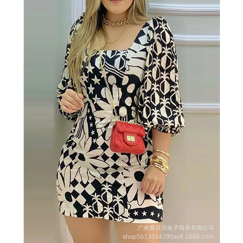 

Женское облегающее мини-платье с цветочным принтом, элегантное платье-карандаш с квадратным вырезом и пышными рукавами, лето 2021