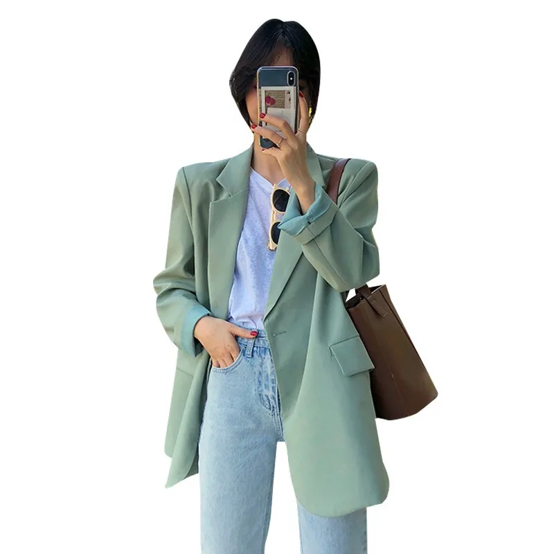 

Chic Loose Light Green Women Blazer Summer One Button Female Suit Jacket Full Sleeve Outwear blaser femme
