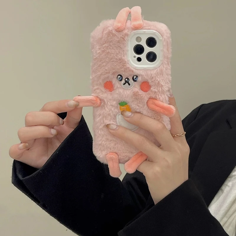 

Cute Cartoon Pink Rabbit Furry Soft Phone Case For iPhone 13 Pro Max 12 11 Pro Max X Xs Max Xr Coque Winter Warm Plush Cover