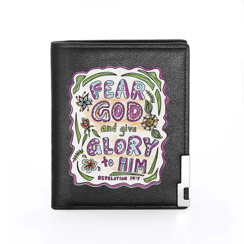 

Classic Bible Verses Fear God And Give Glory To Him Printing Leather Wallet Men Bifold Credit Card Holder Short Purse Male