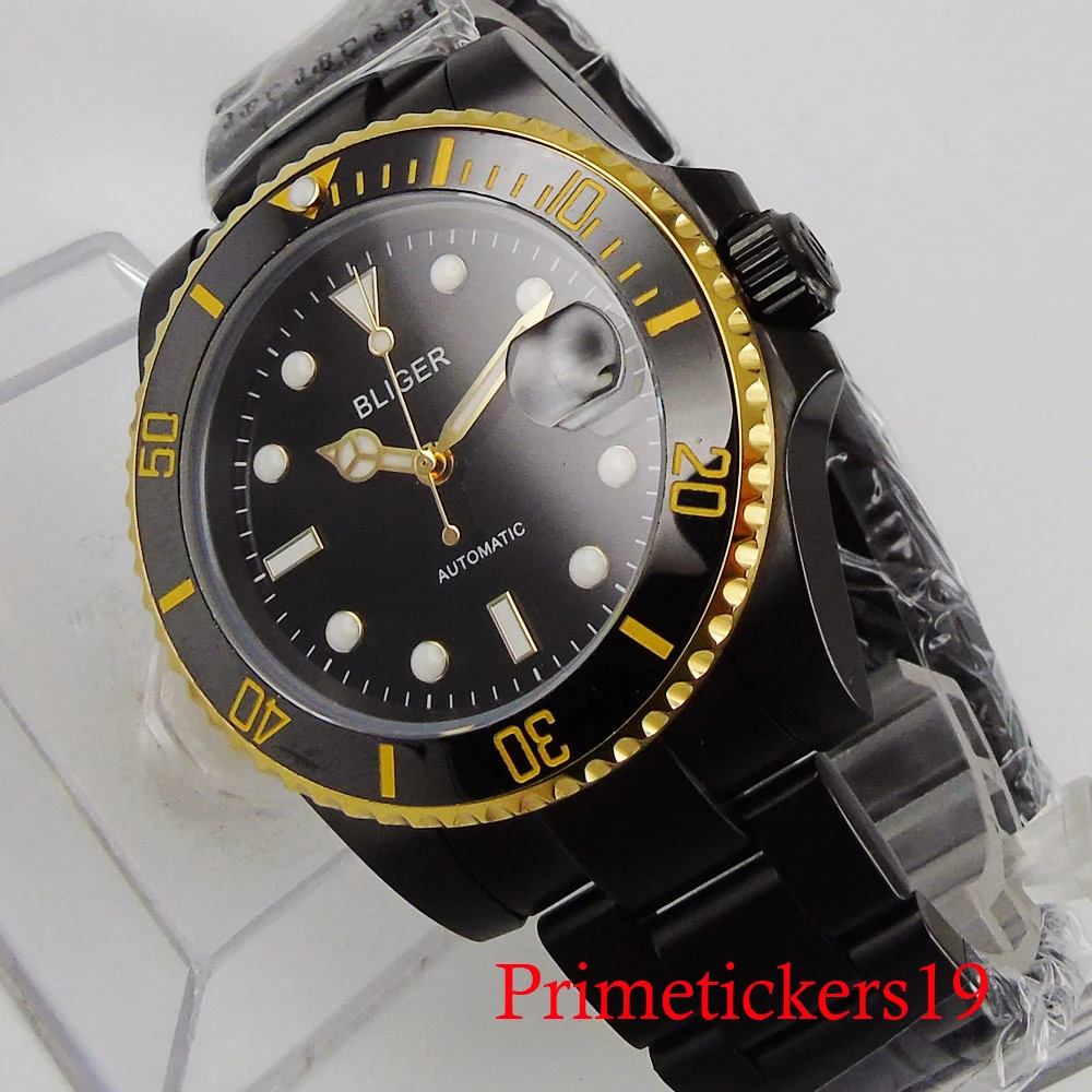 

BLIGER 40mm Men Black Coated Wristwatch NH35 MIYOTA 8215 Movement Sapphire Crystal Date Indicator