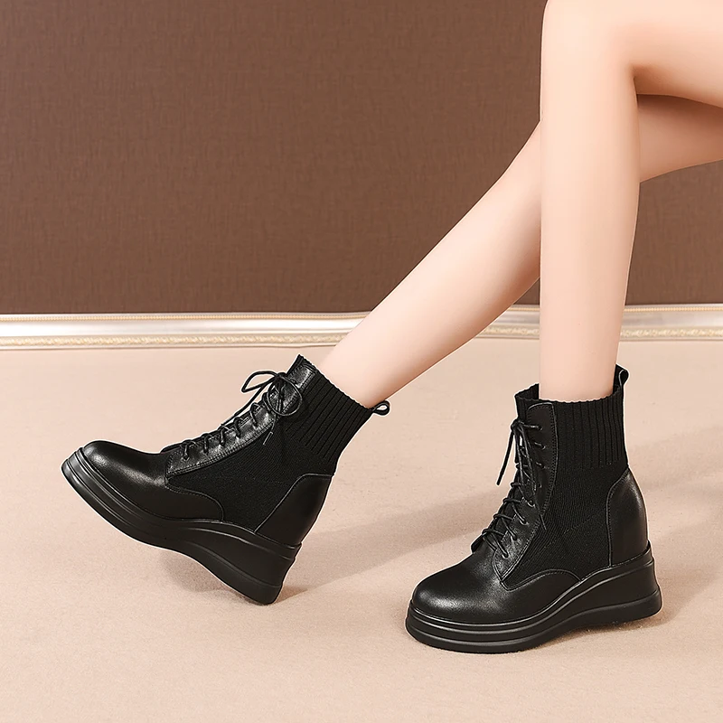 

2020 New winter Japan South Korea ankle Women boots Genuine leather 8cm wedges Fashion boots increased Women shoes High help
