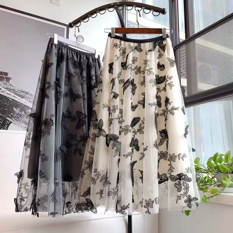 Женская фатиновая юбка с вышивкой бабочек REALEFT длинная шикарная юбка-трапеция