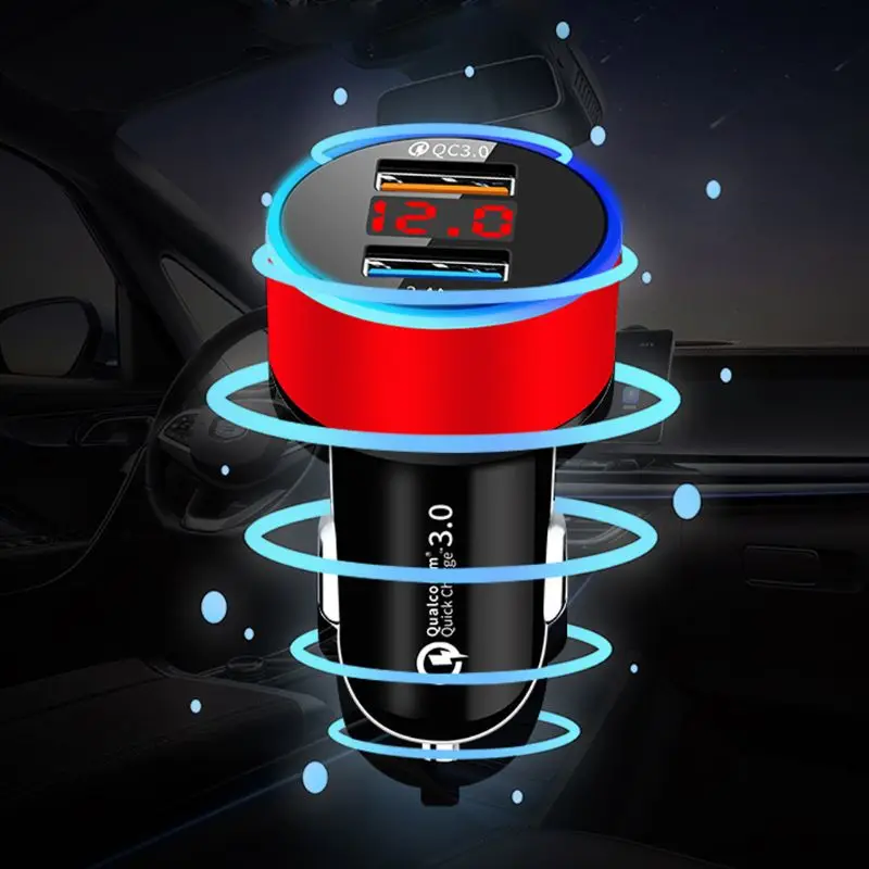 

12V/24V Dual Ports QC 3.0 USB Car Fast Charger Cigarette Lighter Digital LED Voltmeter Power Adapter for Mobile Phone Tablet GPS