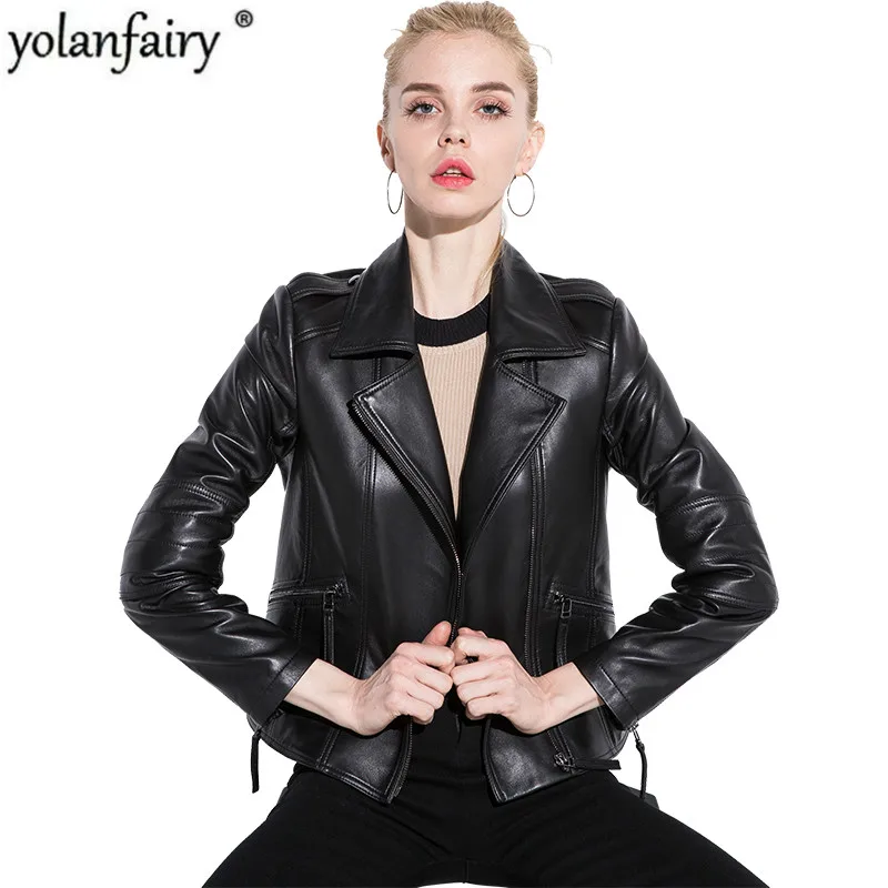 

YOLANFAITY Genuine Leather Jackets Women Real Sheepskin Leather Coat Spring Autumn Short Slim Motocycle Bomber Jacket 1851 MF157