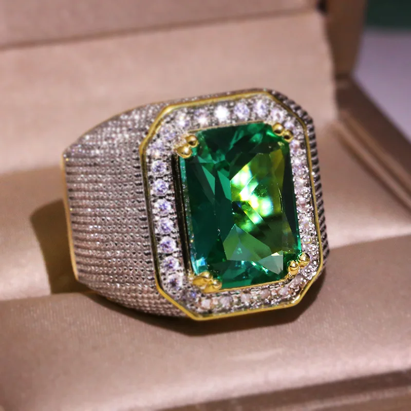 

Geometric Square Big Green Zircon Yellow Gold Color Rings for Man Retro Engagement Wedding Business Ring Valentine's Day Gift