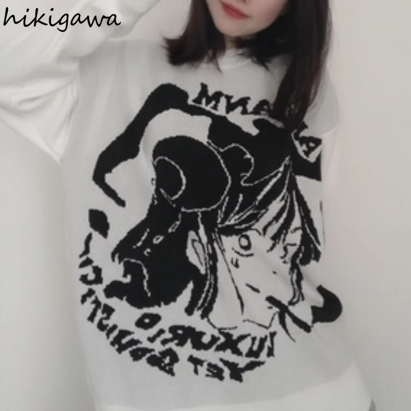 

Hikigawa Women's Sweater Loose Long Sleeved Knitted Pullovers Coat Spring Korean Fashion Casual Cartoon Jumper Pull Femme 7z100