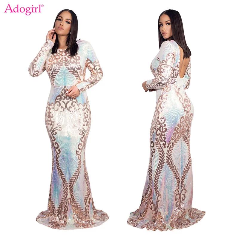 

Adogirl Luxury Sequins Maxi Evening Party Dress Women Sexy Sheer Mesh Patchwork Full Sleeve Backless Bodycon Banquet Long Robe