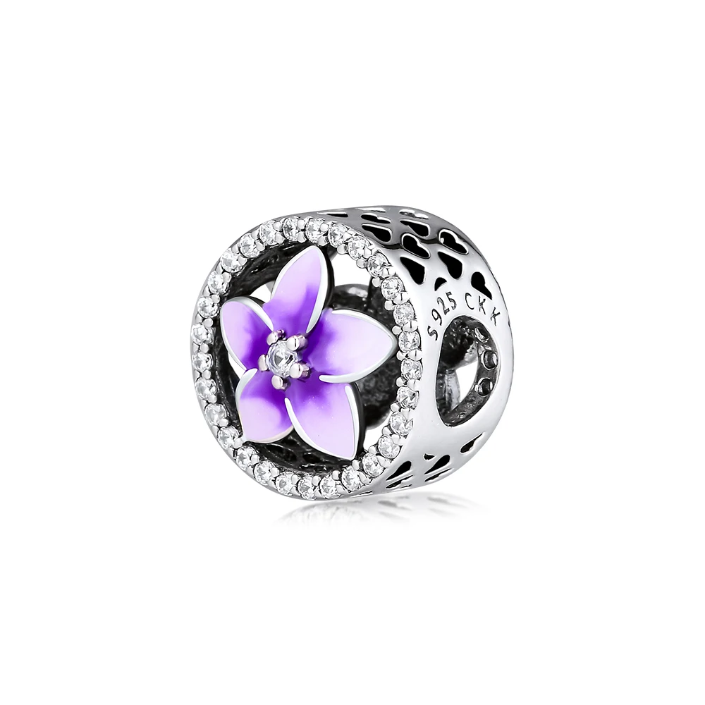

DIY Fits for Pandora Charms Bracelets Floral Beads with Pale Voilet Enamel & CZ 100% 925 Sterling-Silver-Jewelry Free Shipping