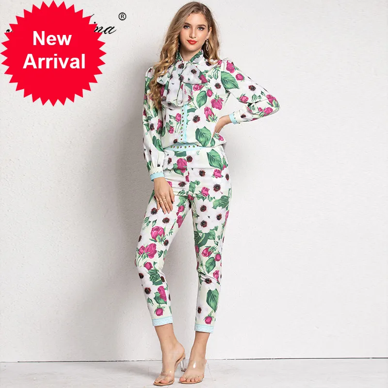 Fashion Set Spring Summer Women's Long sleeve Floral Print Blouses Tops+3/4 pencil pants Vacation Two-piece set