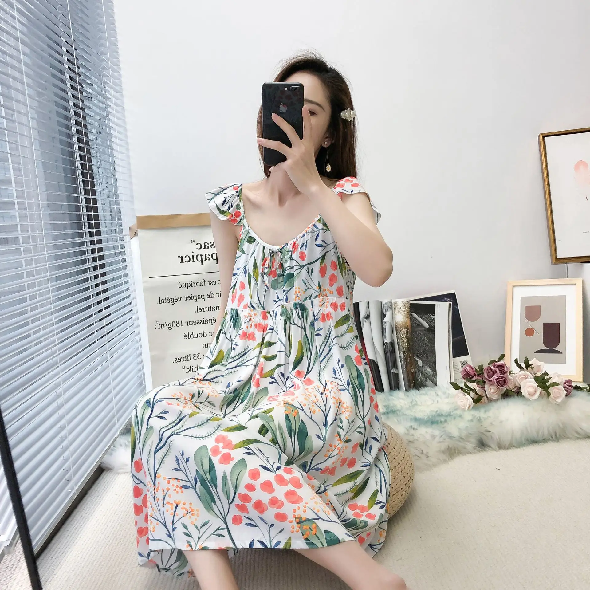 

Loose Nightdress Flying Sleeve Sleepwear Floral Print Nightgown Cotton Satin Homewear Maiden Nighty Sweet Ruffle Sleep Dress