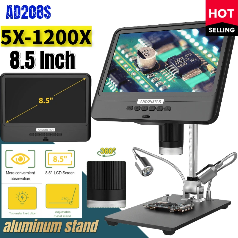 

Цифровой микроскоп Andonstar AD208S, 8,5 дюйма, ЖК-дисплей 5X-1200X, 1280*800, Регулируемый прицел 1080P, паяльный инструмент с двумя заполняющими свечами