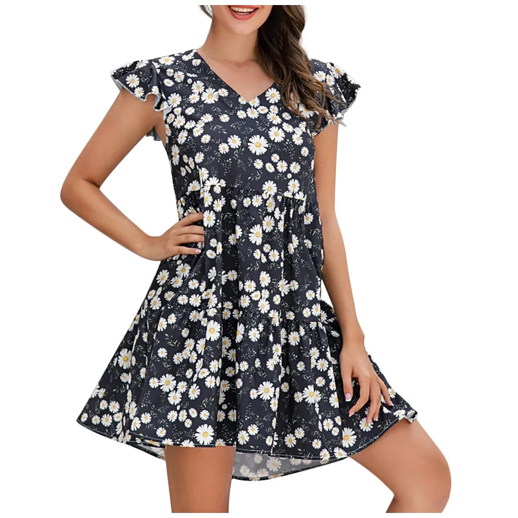 

Dress women summer slim beach dressFashion Womens Casual Loose V-neck Little Daisy Sleeveless Printing Dress 2021