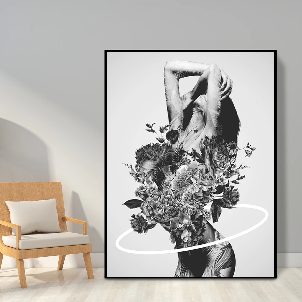 

Black White Poster Fashion Sexy Women Flowers Print Wall Art Canvas Modern Paintings on the Wall Pictures for Living Room Decor
