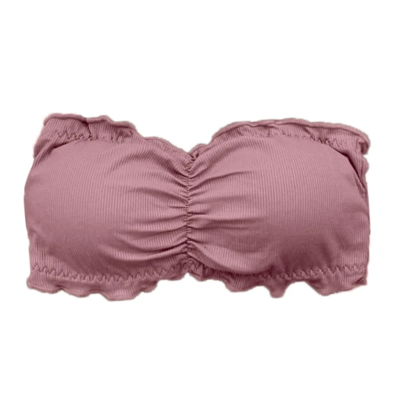 

U90E Women Strapless Ruffles Bandeau Bra Ribbed Knit Solid Color Wrapped Chest Tube Top Bottoming Layering Back Buckle Bralette