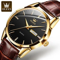 olevs brand mens watch simple atmospheric quartz watch dual calendar waterproof leather mens watch