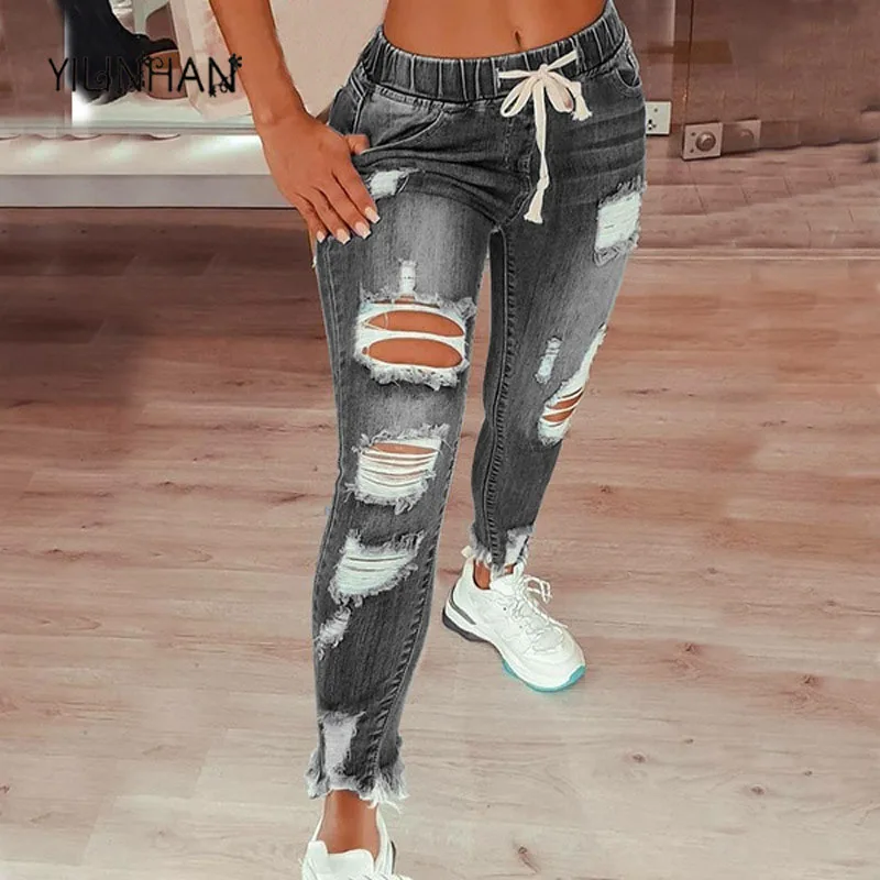 

YILINHAN Drawstring Denim Jeans for Women Ripped Hole Stretch Jean Ladies Plus Size Full Length Pencil Pants Ripped Trousers