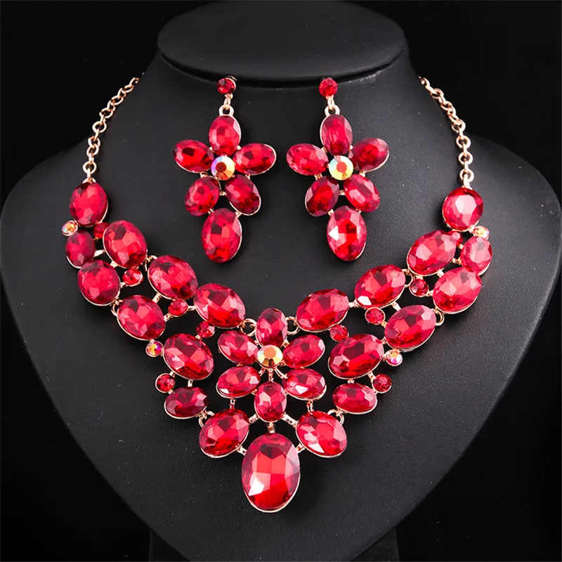 2 шт. милый полый цветок золотой ювелирный набор ожерелье серьги прозрачный овальный кристалл Роскошные аксессуары для женщин
